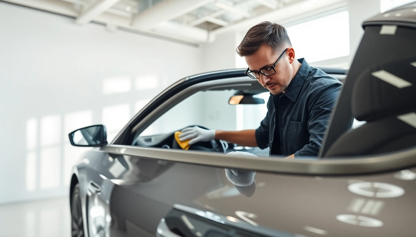 Fahrzeugaufbereitung durch einen professionellen Techniker, der ein hochwertiges Auto reinigt.