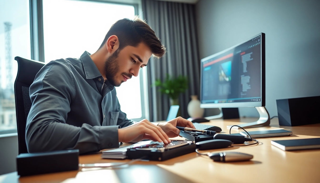 Datenrettung externe festplatte durch einen Techniker in einem modernen Büro.