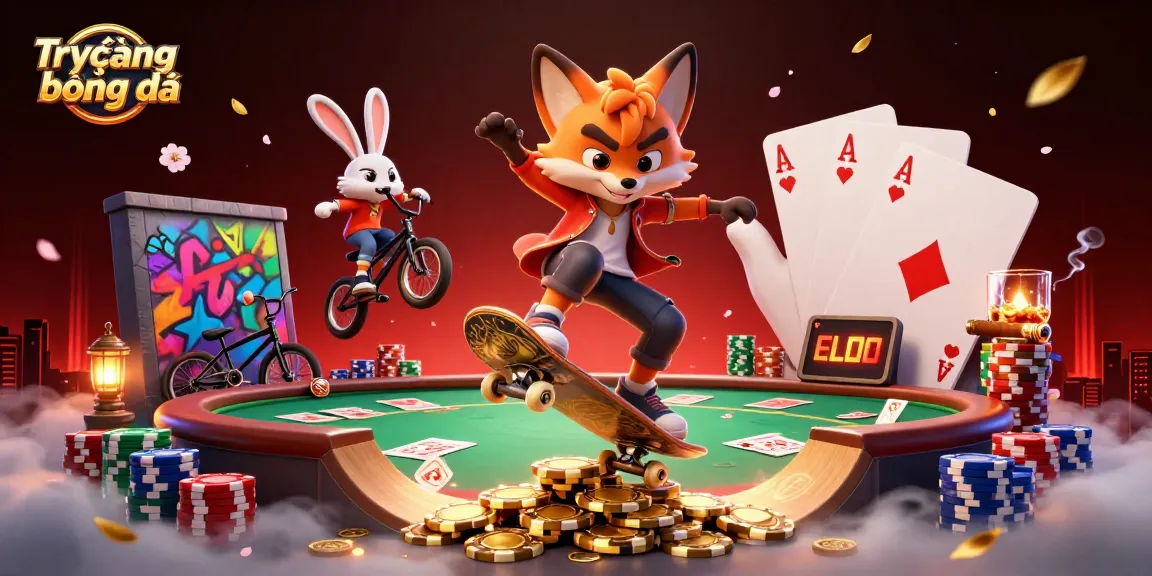 Experience Trực tiếp bóng đá with a vibrant cartoon scene featuring a skateboarder fox and BMX rabbit in a casino environment.