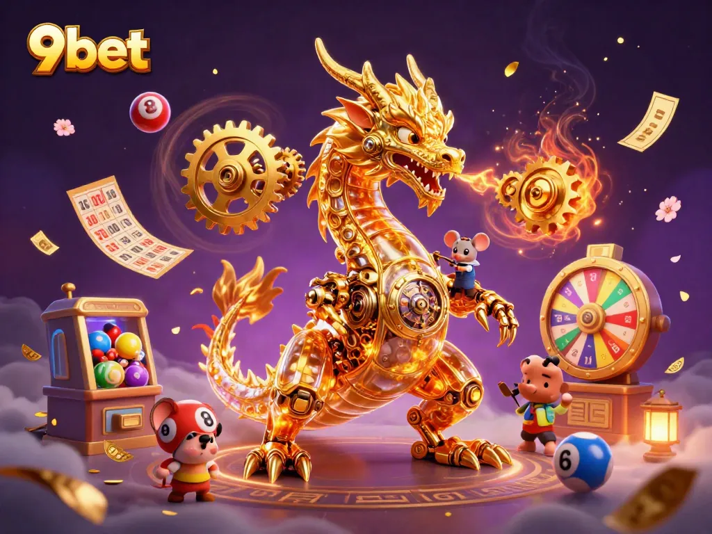 Engage with 9bet's thrilling gaming experience, featuring a golden dragon and vibrant casino elements.