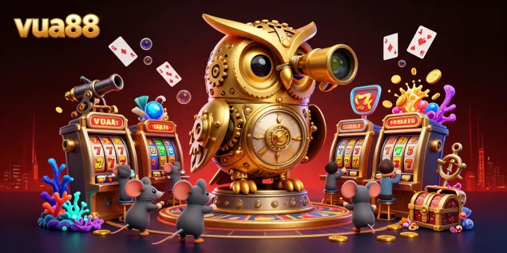 Experience thrilling gameplay with the stunning vua88 casino illustration featuring golden owl and slot machines.