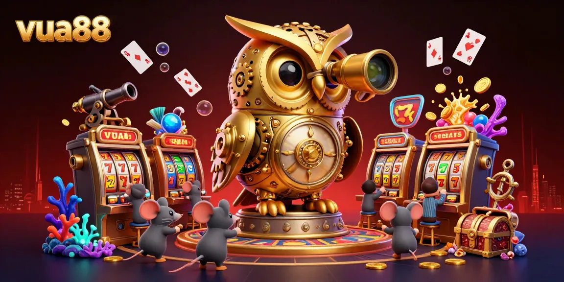 Experience thrilling gameplay with the stunning vua88 casino illustration featuring golden owl and slot machines.