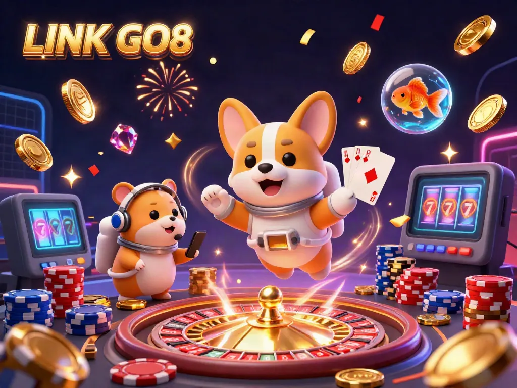 Join the fun at LINK GO8 with a whimsical 3D casino scene featuring an astronaut corgi, sparkling winnings, and vibrant casino elements.