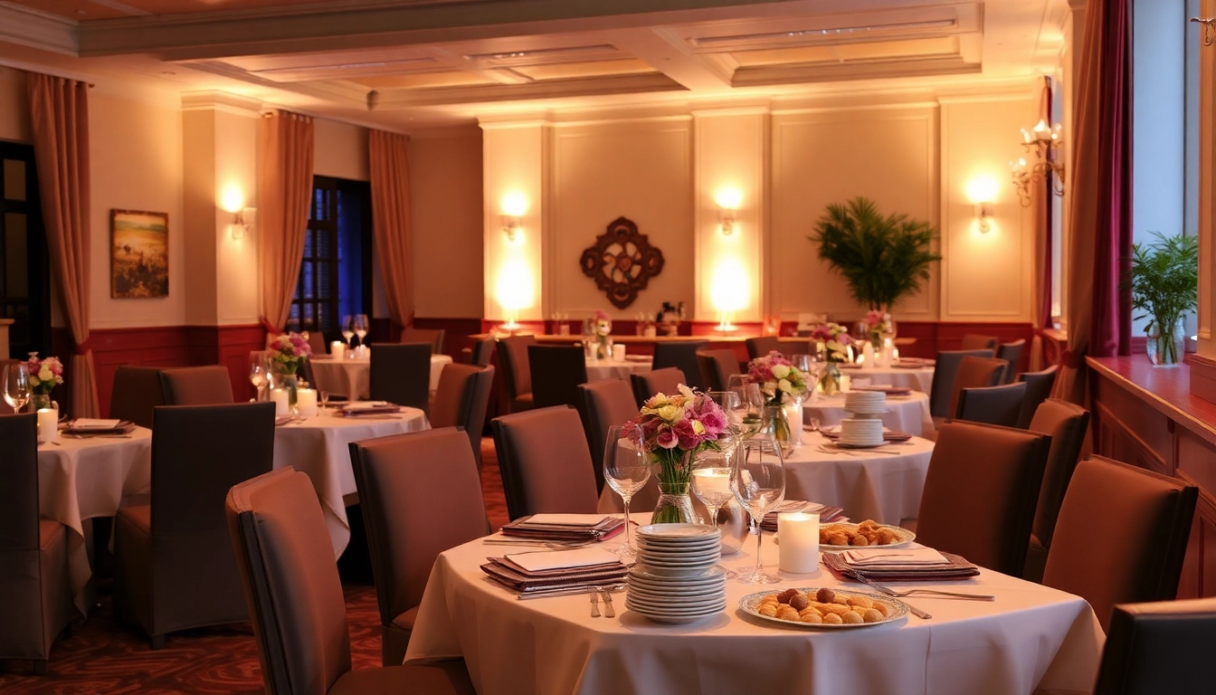 Catering-Event mit elegantem Tischarrangement und köstlichen Speisen in gemütlicher Atmosphäre.