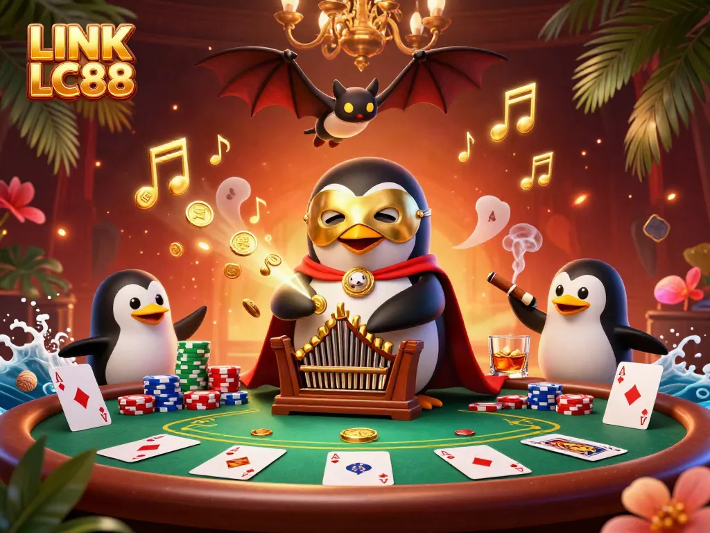 Engage with LINK LC88 as a cartoon phantom opera penguin plays a golden coin-pipe organ amidst a rich casino backdrop.
