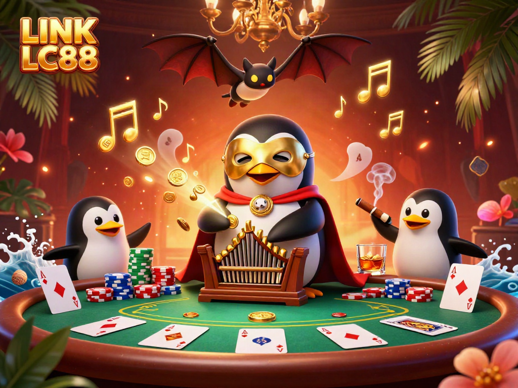 Engage with LINK LC88 as a cartoon phantom opera penguin plays a golden coin-pipe organ amidst a rich casino backdrop.