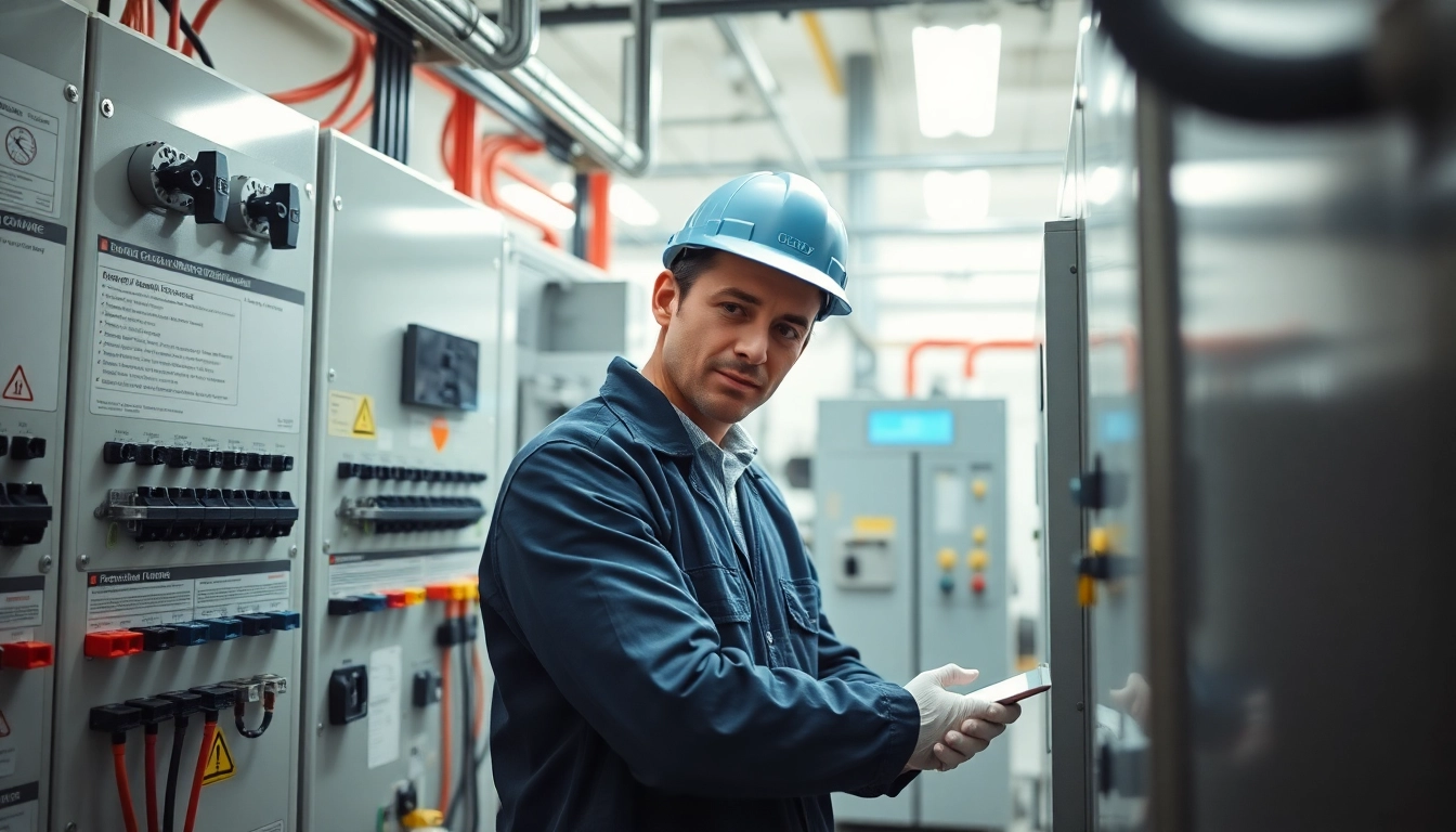 Technician performing DGUV V3 Prüfung on electrical equipment, ensuring safety and compliance.