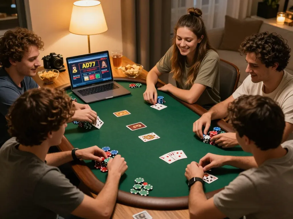 A group of friends enjoy an exciting night of online poker, featuring aud77 casino interface on laptop.