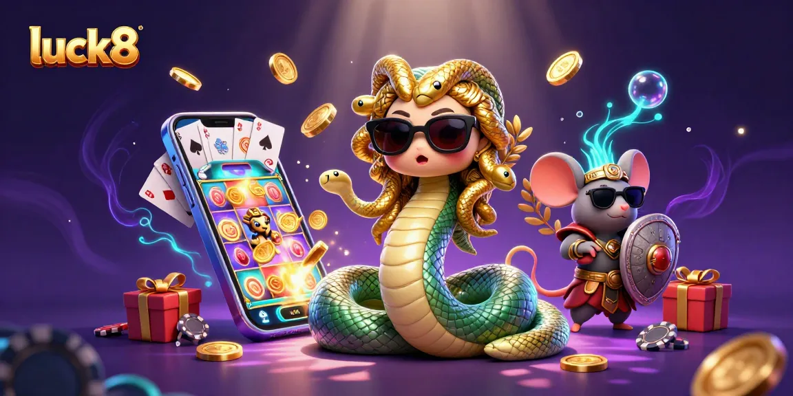 Spin the reels and win big at luck8 with Medusa and friends in this vibrant casino scene.
