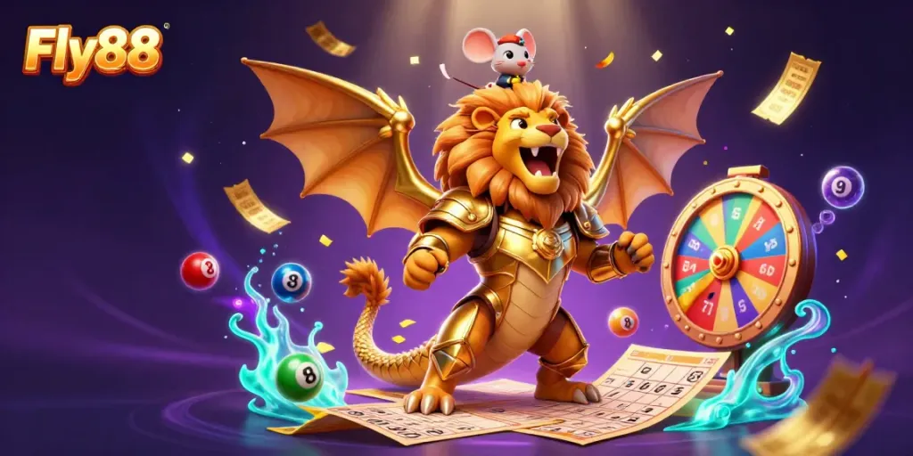 Experience the excitement of Fly88 with a roaring chimera and vibrant lottery elements in this dynamic casino scene.