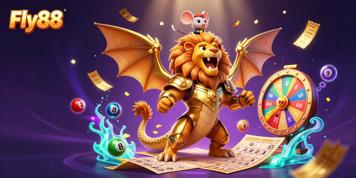 Experience the excitement of Fly88 with a roaring chimera and vibrant lottery elements in this dynamic casino scene.