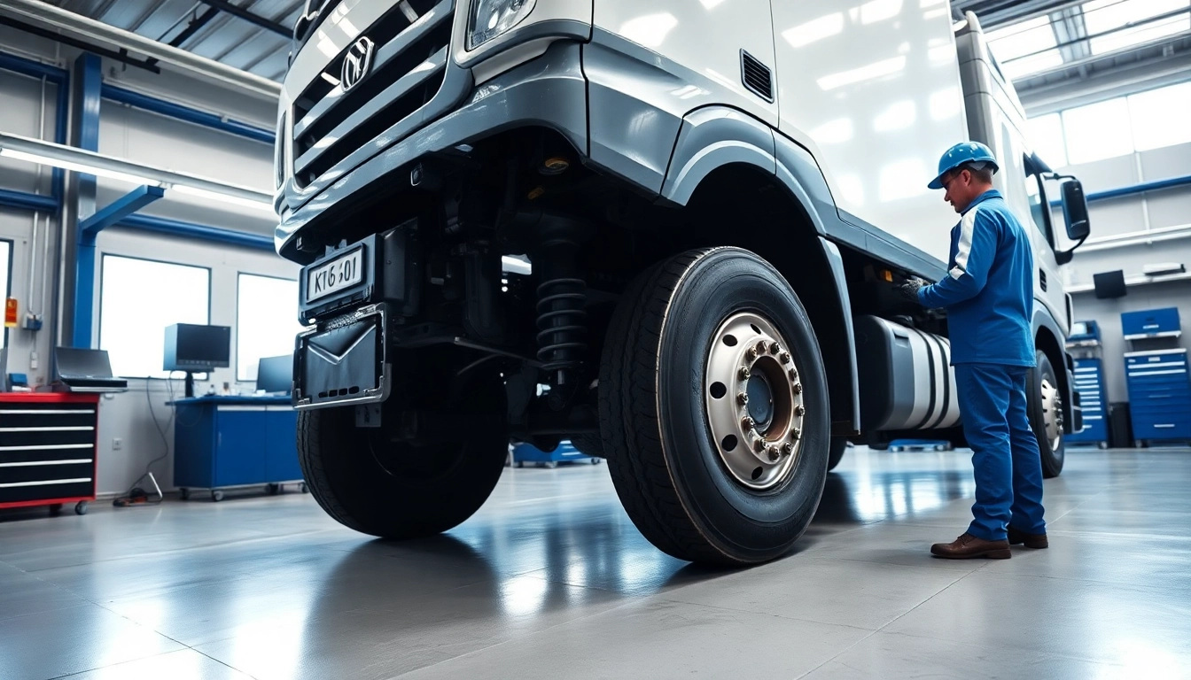 Lkw Gutachten Augsburg mit einem Techniker, der eine Inspektion an einem Truck im modernen Werkstattumfeld durchführt.