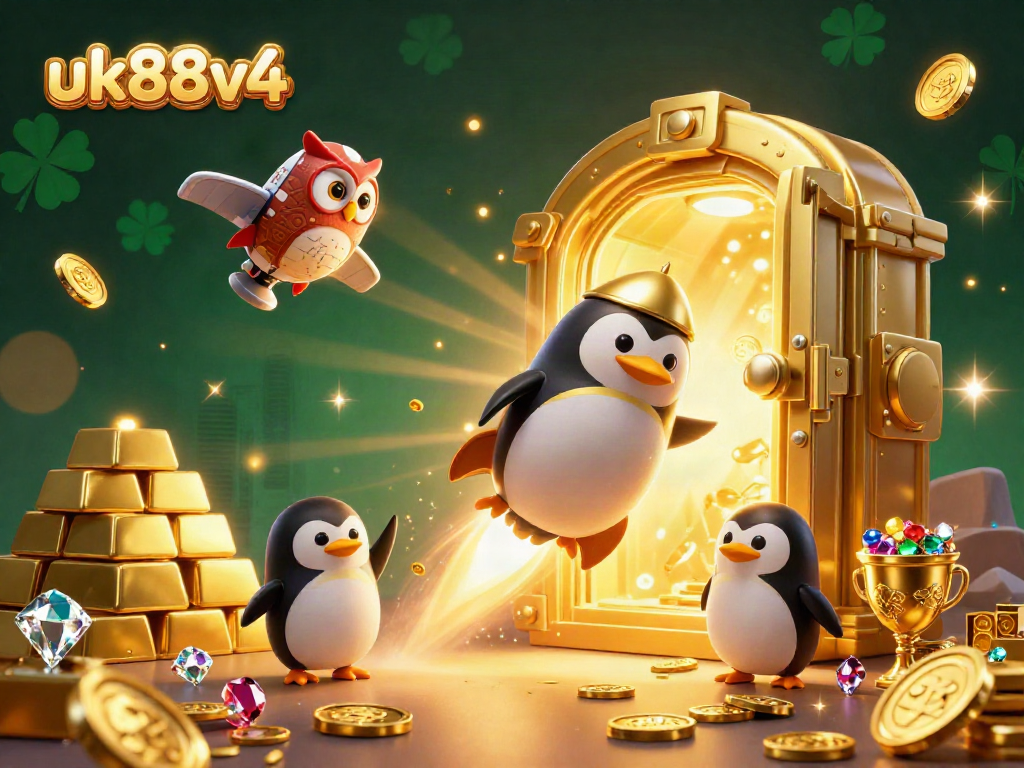 Experience winning adventures in uk88v4 with a lively 3D penguin amid multiple casino treasures.