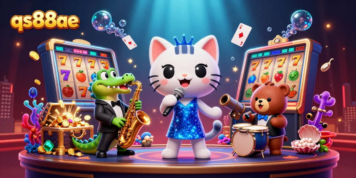 Engage with exciting slots at qs88ae with a vibrant 3D casino scene featuring fun characters.