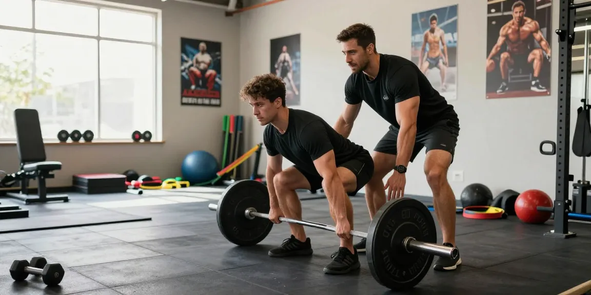 Prime Pharma Shop: Fitness-Enthusiast beim Deadlift im modernen Gym mit Trainer und motivierenden Elementen.