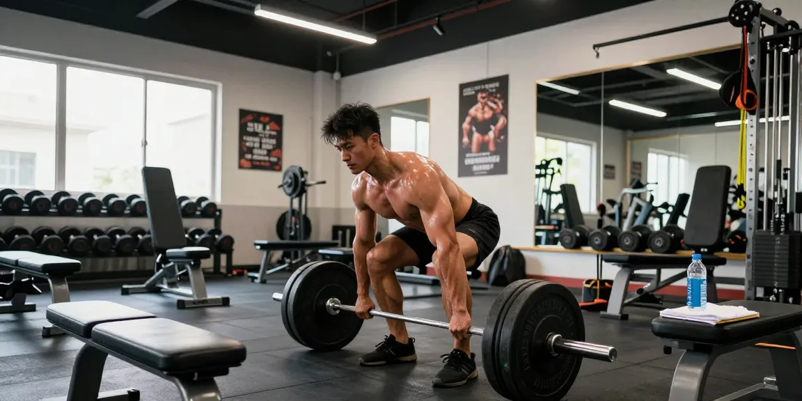 Mann hebt Gewichte im Fitnessstudio, das Anabolika Shop Deutschland repräsentiert und Hingabe sowie Stärke zeigt.