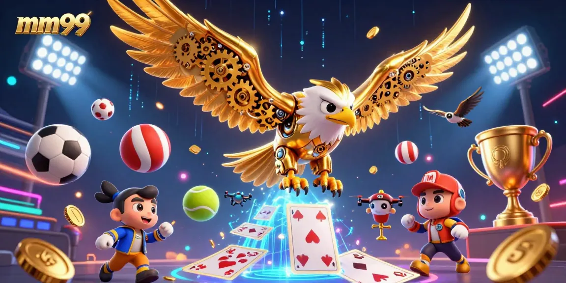 Experience the thrill of mm99 with a cybernetic eagle and dynamic sports elements.