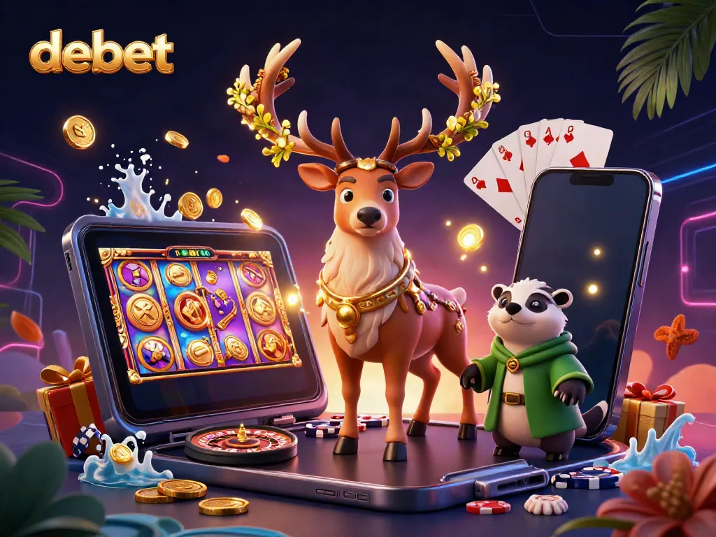 Experience exciting games at debet with a vibrant 3D illustration of mystical characters and casino elements.
