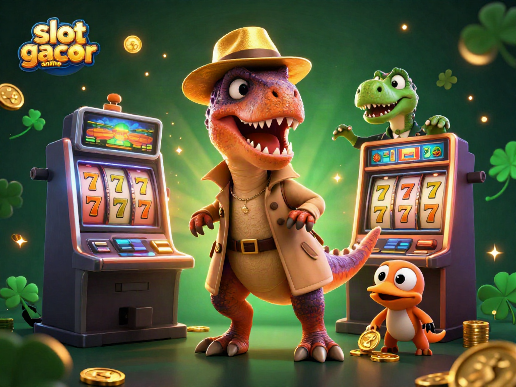Spin and win at slot gacor online with a playful velociraptor at a slot machine.