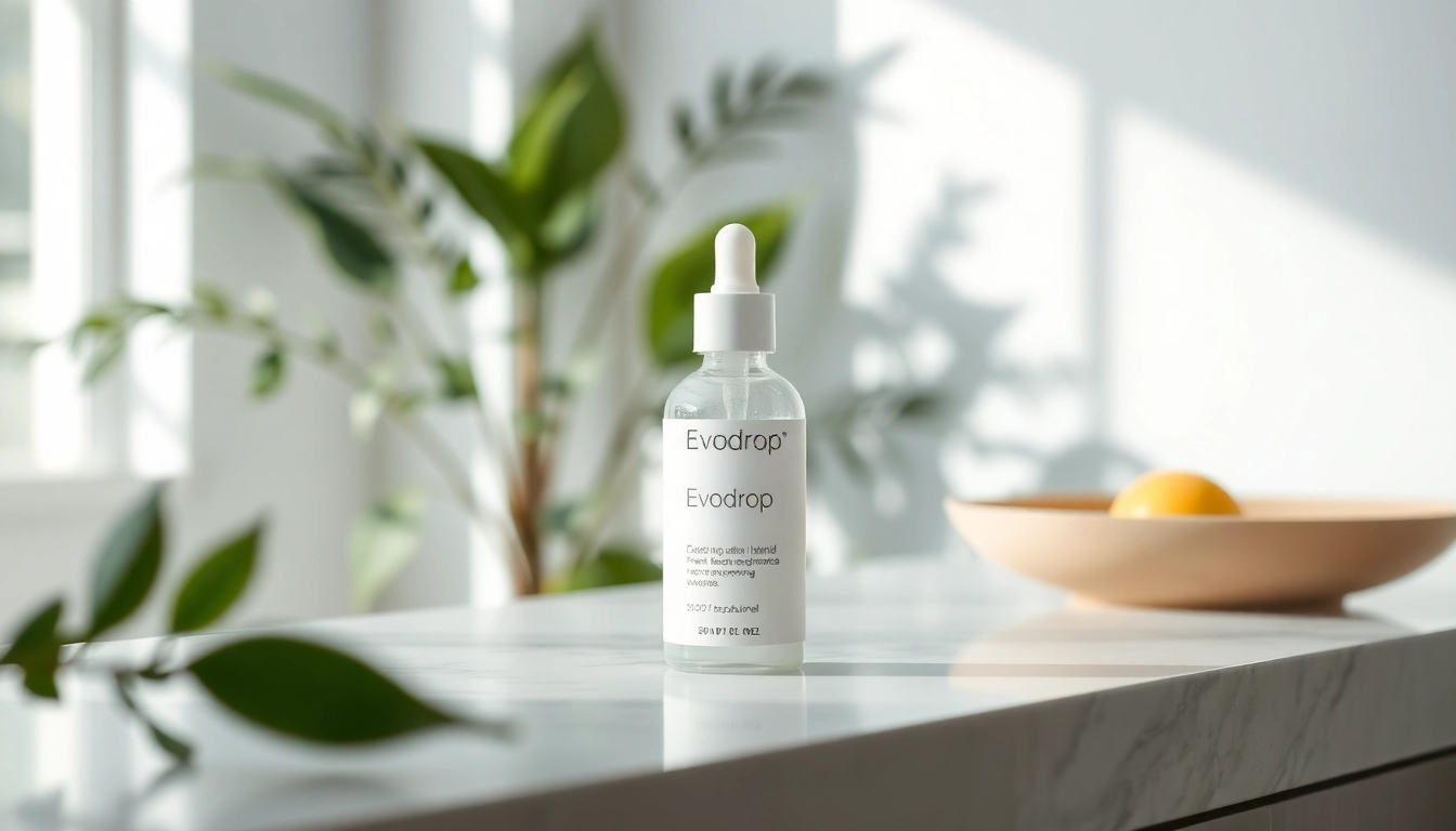 Evodrop wellness product showcased elegantly with natural elements in a serene setting.