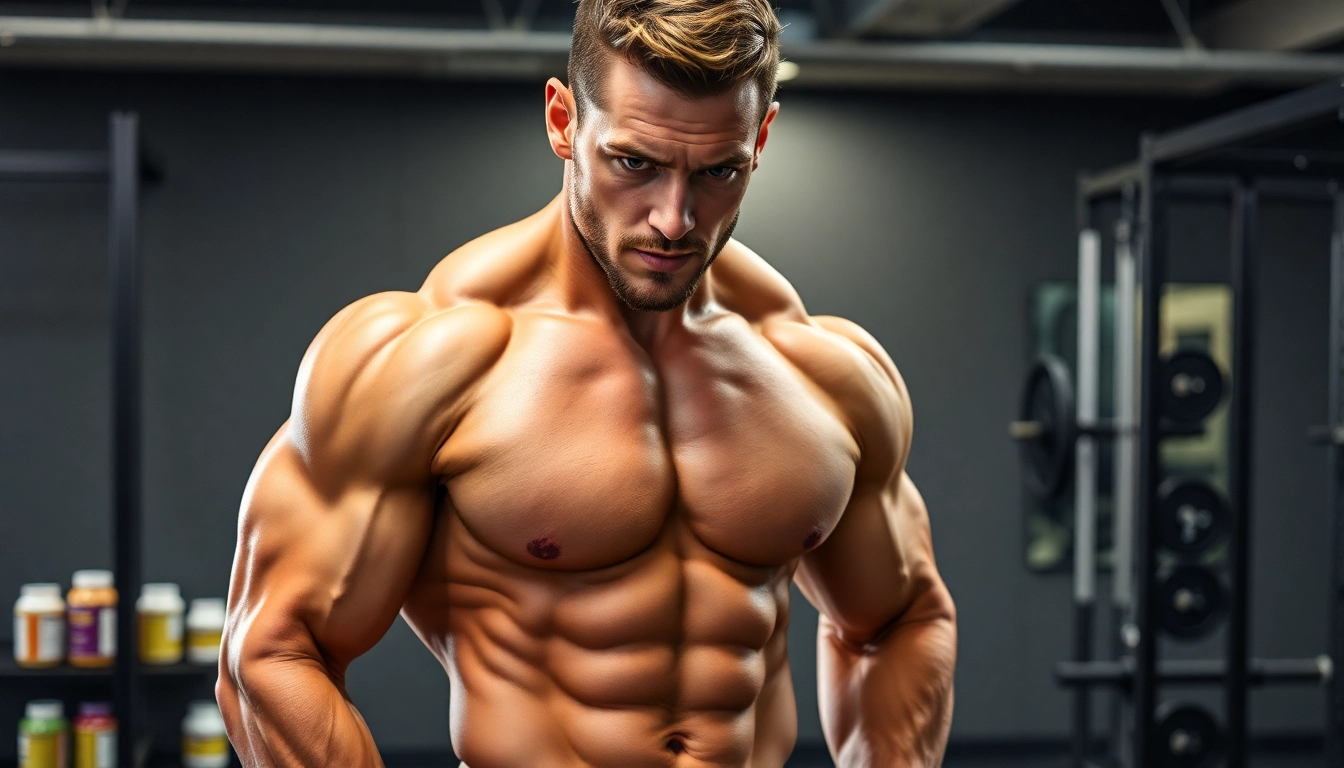 Ein muskulöser Bodybuilder mit Unique Pharma Steroids in einem Fitnessstudio.