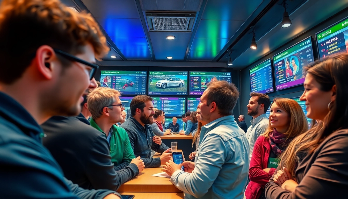 Fangen Sie die Aufregung von sportwetten ohne einzahlungslimit in einem Wettbüro mit engagierten Wettenden und Live-Sportbildschirmen ein.