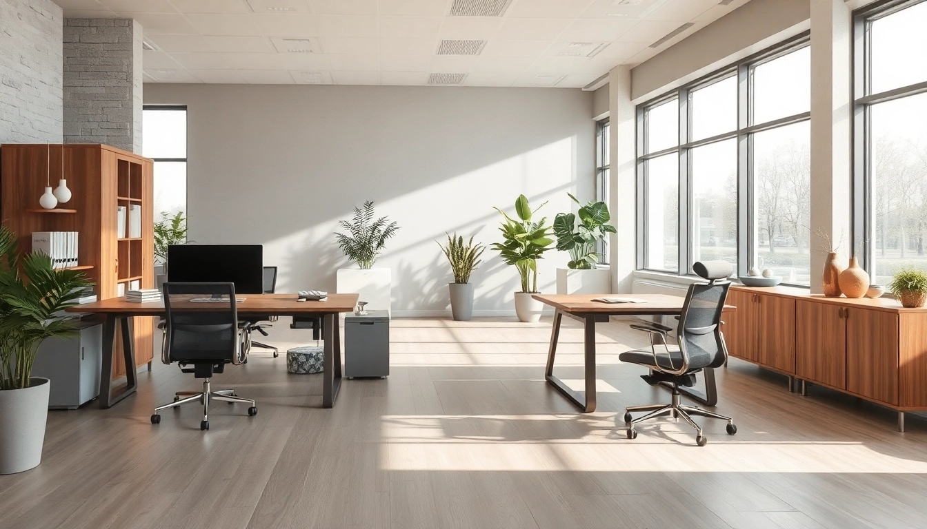 Moderne Büromöbel in einem stilvollen und einladenden Büro präsentieren eine ergonomische Arbeitsumgebung.