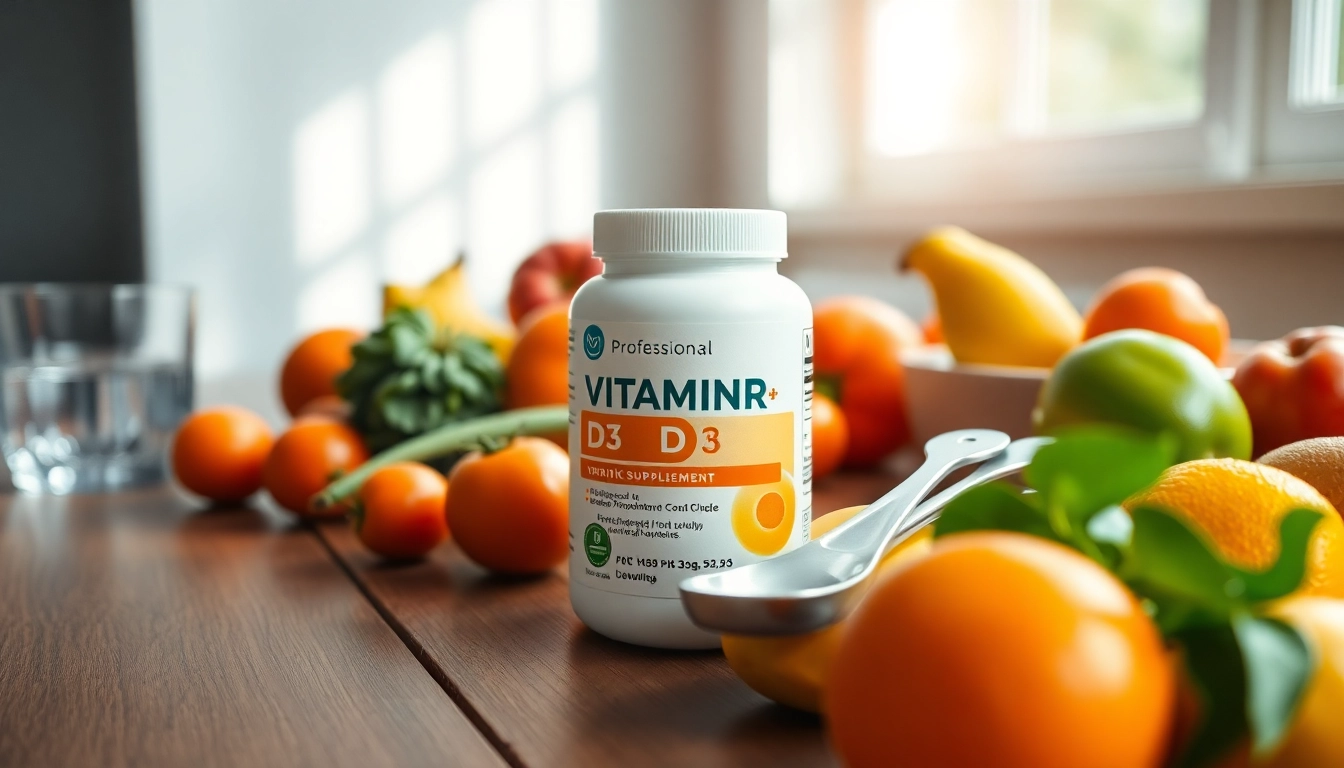 Vitamin D3 Supplement presented with fresh fruits and vegetables enhancing healthy lifestyle.