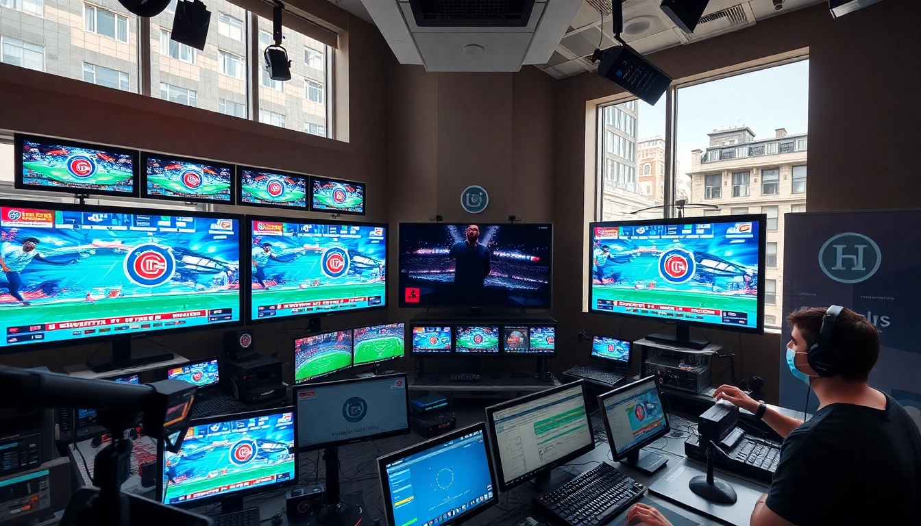 Dynamic scene of sports broadcasting studio featuring live events on display.
