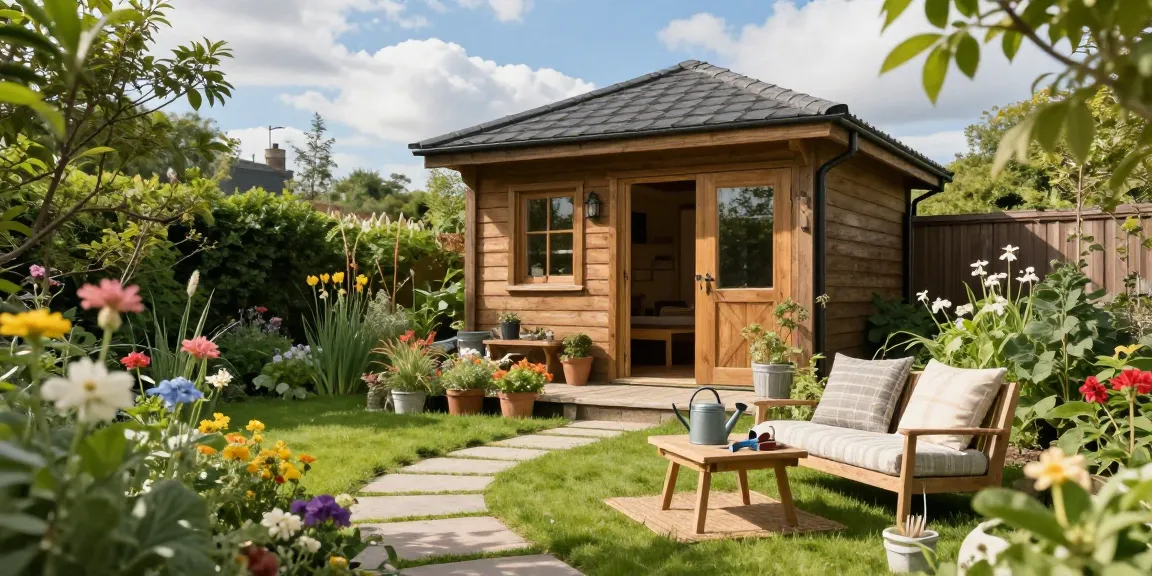 Gartenhäuser aus Holz in einer grünen Gartenlandschaft mit gemütlicher Sitzgelegenheit und Blumen.