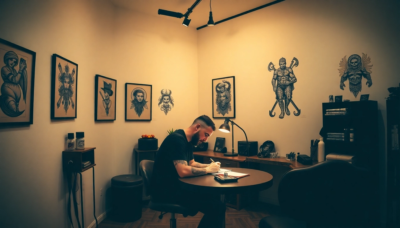 Professioneller Tätowierer bei der Arbeit im Tattoo Studio München, vorgestellt mit Zimmerdetails und kreativen Kunstwerken.