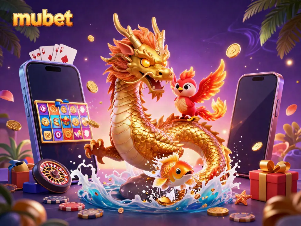 Experience thrilling wins at Mubet with a powerful golden dragon, phoenix, and koi fish amid casino games.