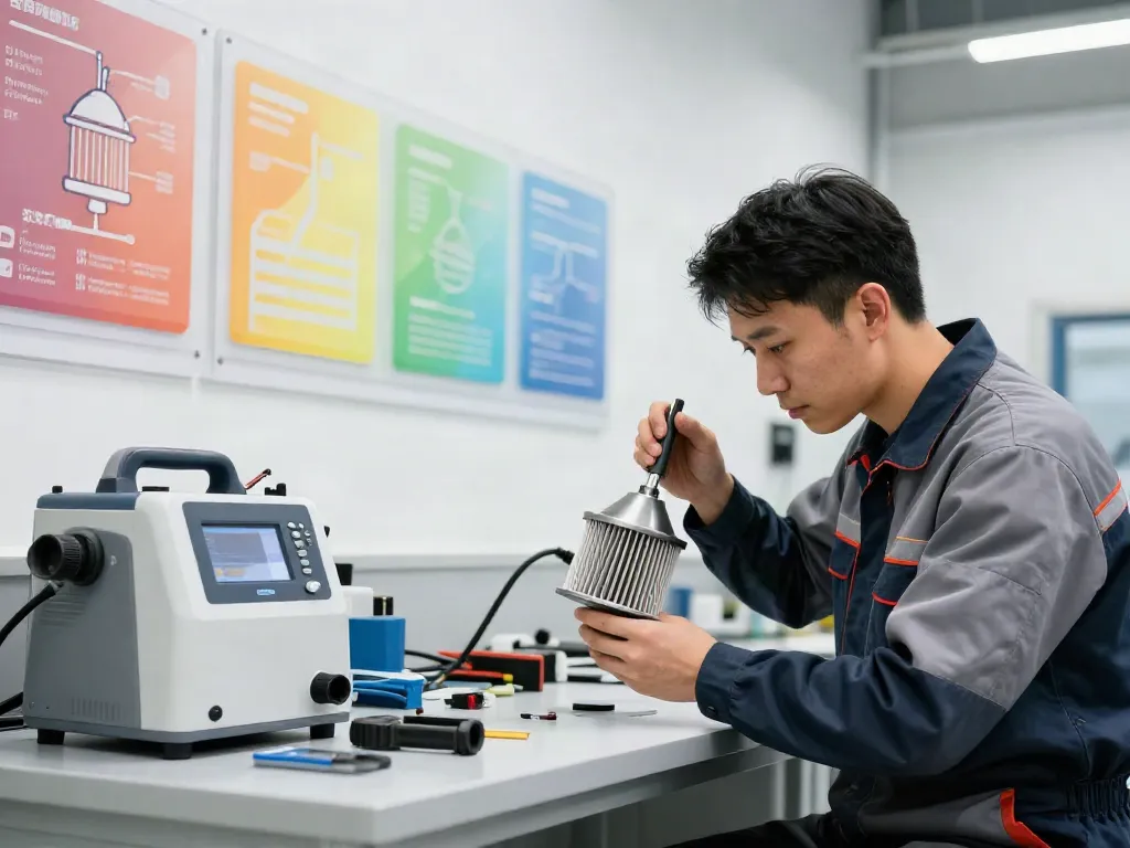 DPF Reinigung Hannover in einer professionellen Kfz-Werkstatt, Mechaniker inspiziert einen Dieselpartikelfilter.