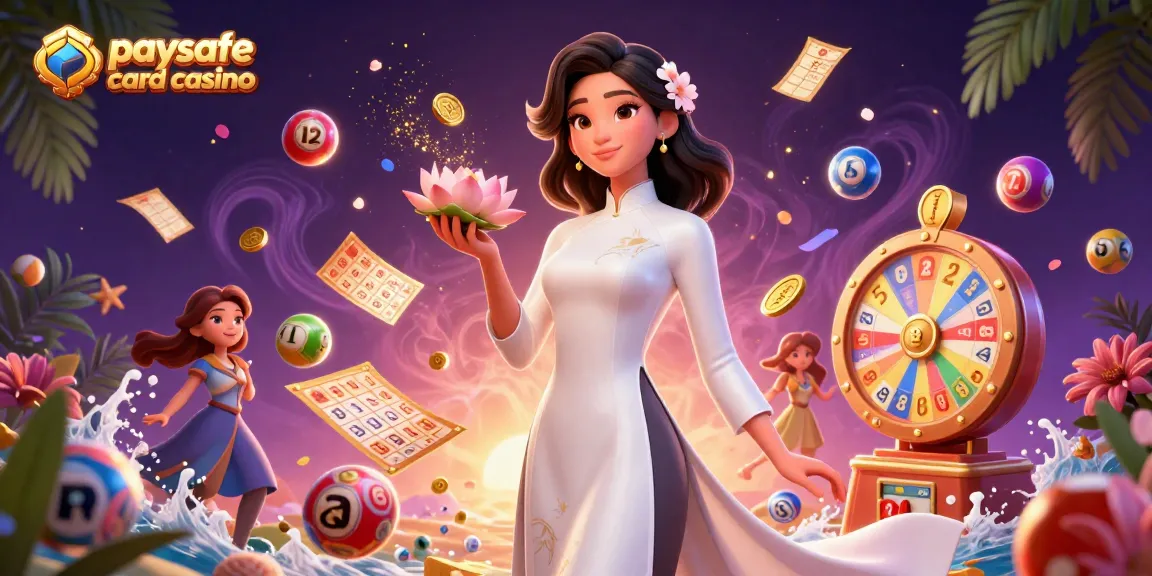 Erleben Sie die Aufregung des Paysafe Card Casinos, während bunte Lotteriekugeln um eine gelassene asiatische Frau fliegen.
