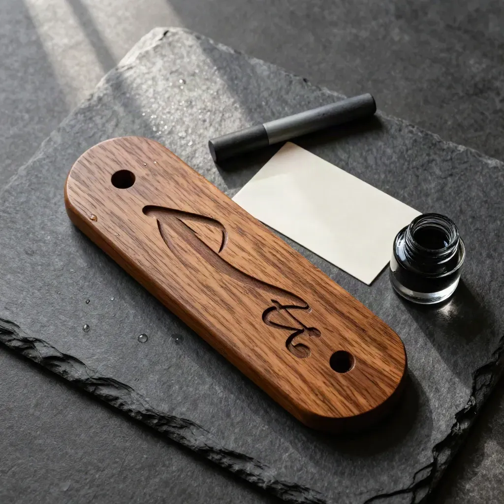 Holzschild, Mini-Visitenkarte, Kreidestift und Glasgefäß auf feuchtem Schiefer, von oben.