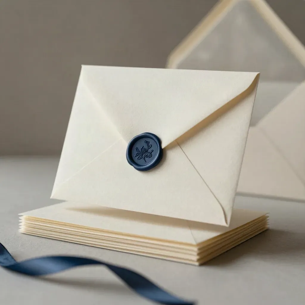 Schwebende cremefarbene Hochzeitseinladungen mit Umschlag und blauem Siegelwachs