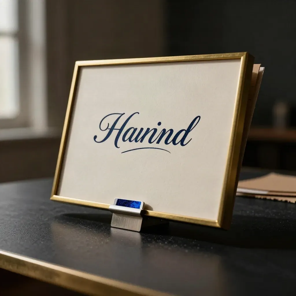 Messingrahmen mit Kartenmustern und tiefblauer Akzentkarte auf schwarzem Studiohintergrund.