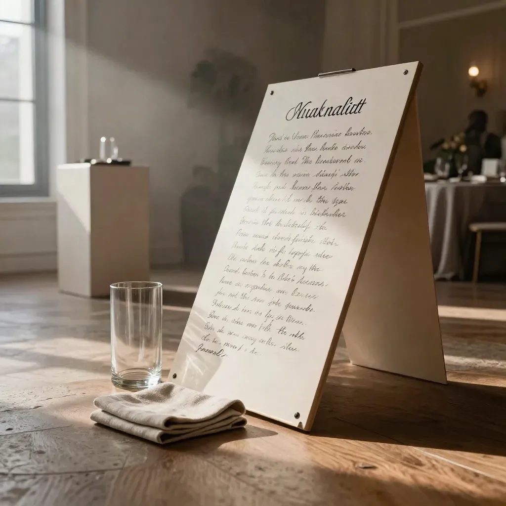 Event-Schrifttafel auf Podest mit Glaszylinder und Stoffserviette im warmen Licht