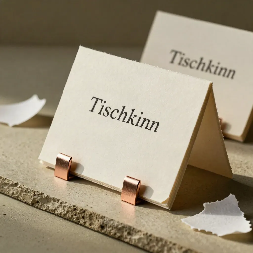 Makro von Tischkarten, Haltern und Papierresten mit roségoldenem Akzent