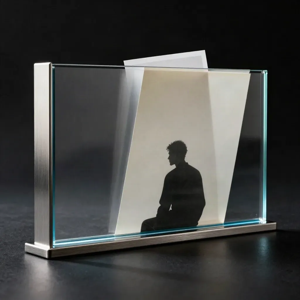 Glas-Schaufenster-Schriftzug mit Rahmen und aufgerollter Folie auf dunklem Studiohintergrund