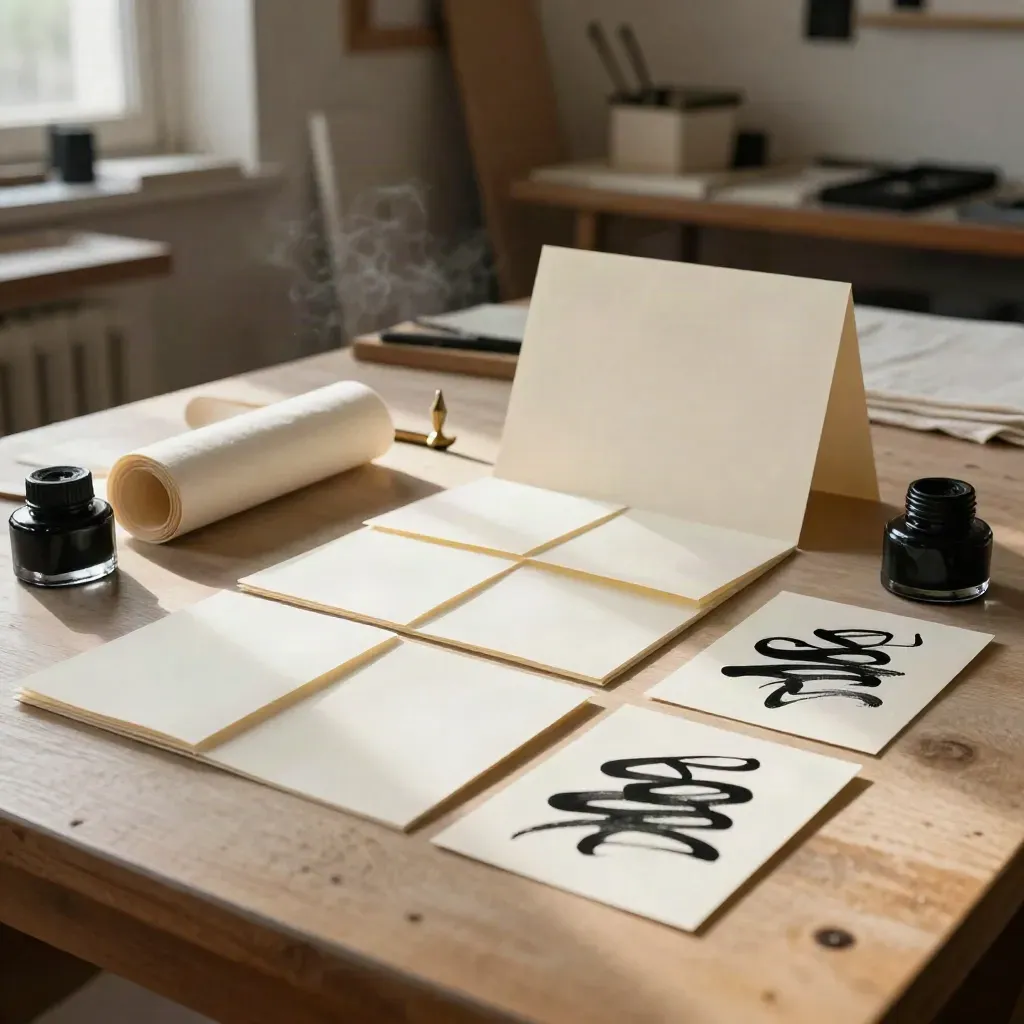 Kalligrafie-Workshop auf Holztisch mit Kurskarten, Papierrollen und Tintentiegeln im Atelier