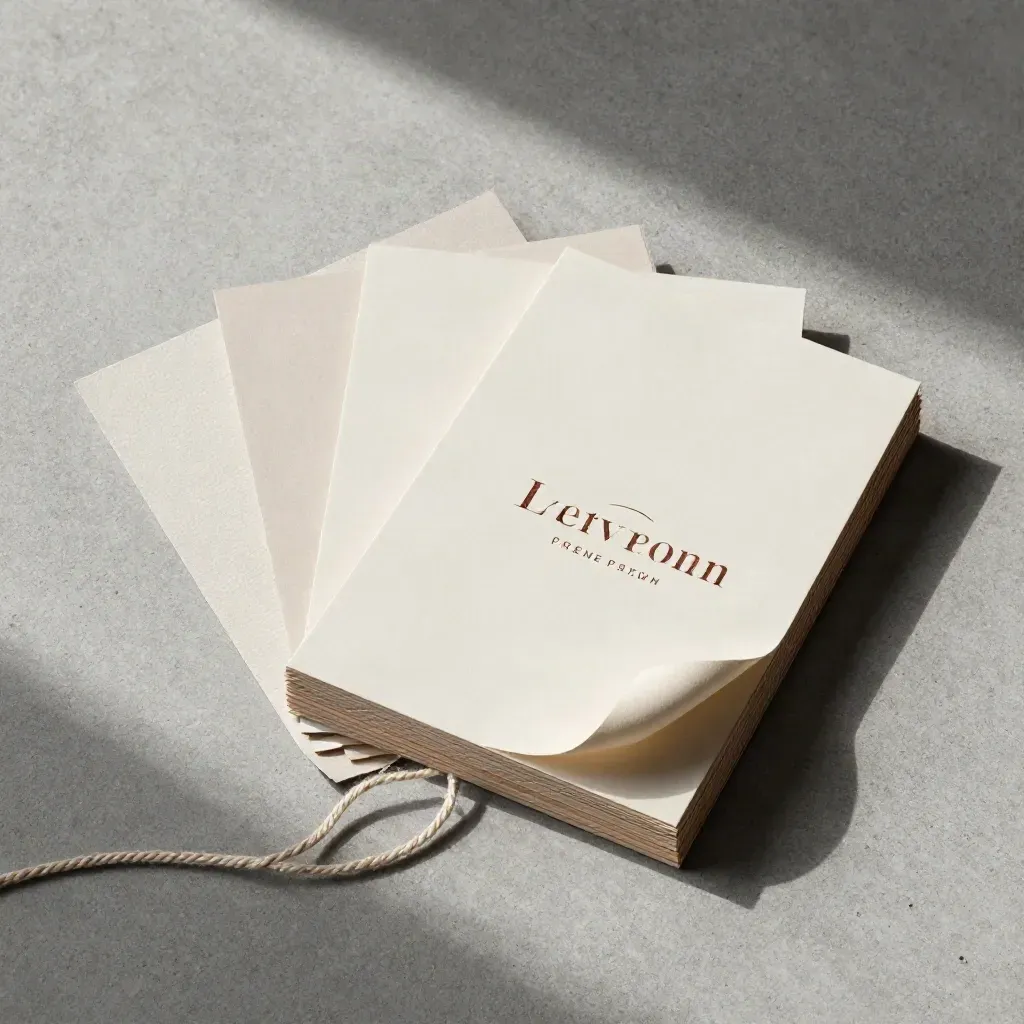 Fächer aus Logo-Karten, Papiermustern und feiner Kordel auf Betonplatte