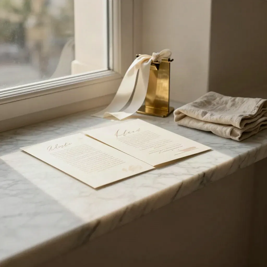 Marmor-Fensterbank im Morgenlicht mit Leinen, Messingständer und Papiermustern