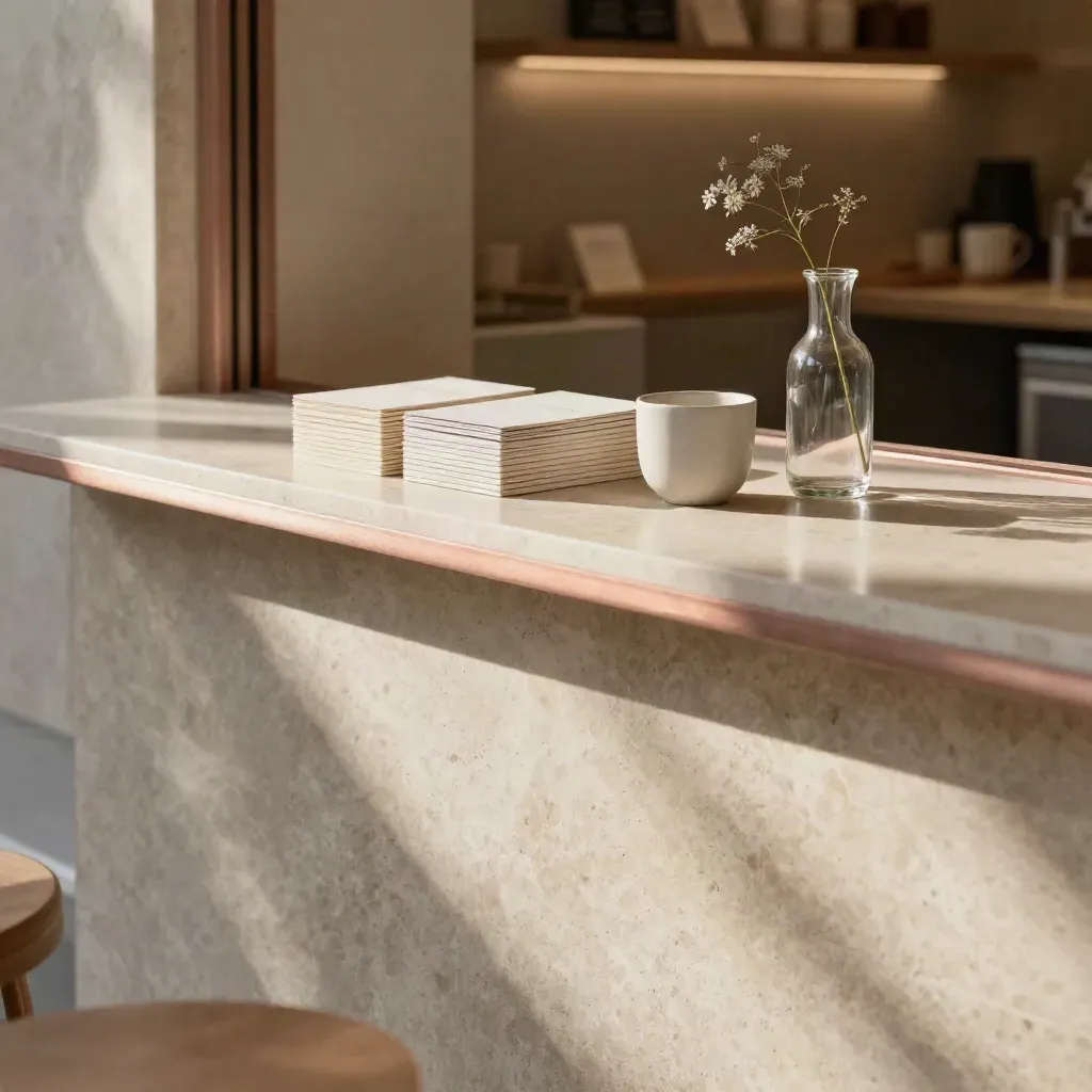 Helle Café-Theke mit Kartenstapel, Tasse und Glasvase im warmen Innenraum.