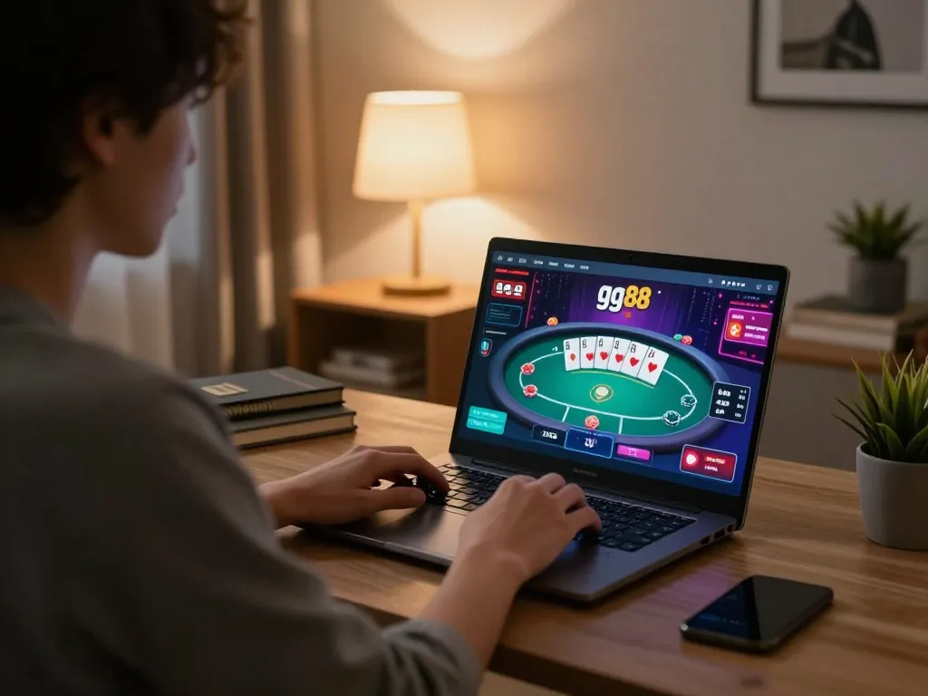 Engaging in online casino gameplay on gg88, showcasing an immersive home gaming environment
