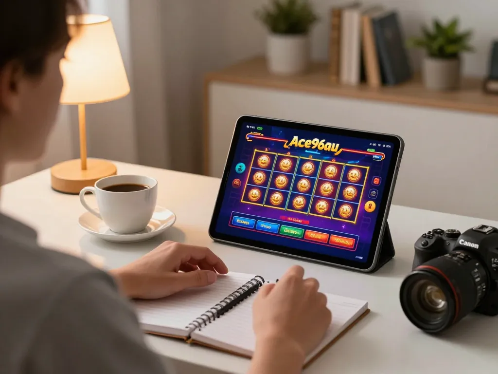 A person engaging with Ace96au's online slots on a tablet, creating a relaxed home gaming atmosphere.