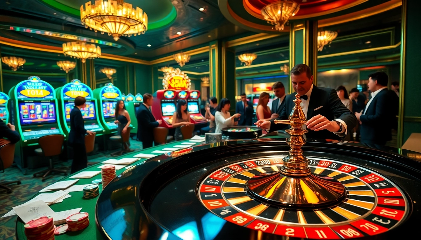 Players celebrating a big win as Kết quả xổ số results flash on the casino monitors.