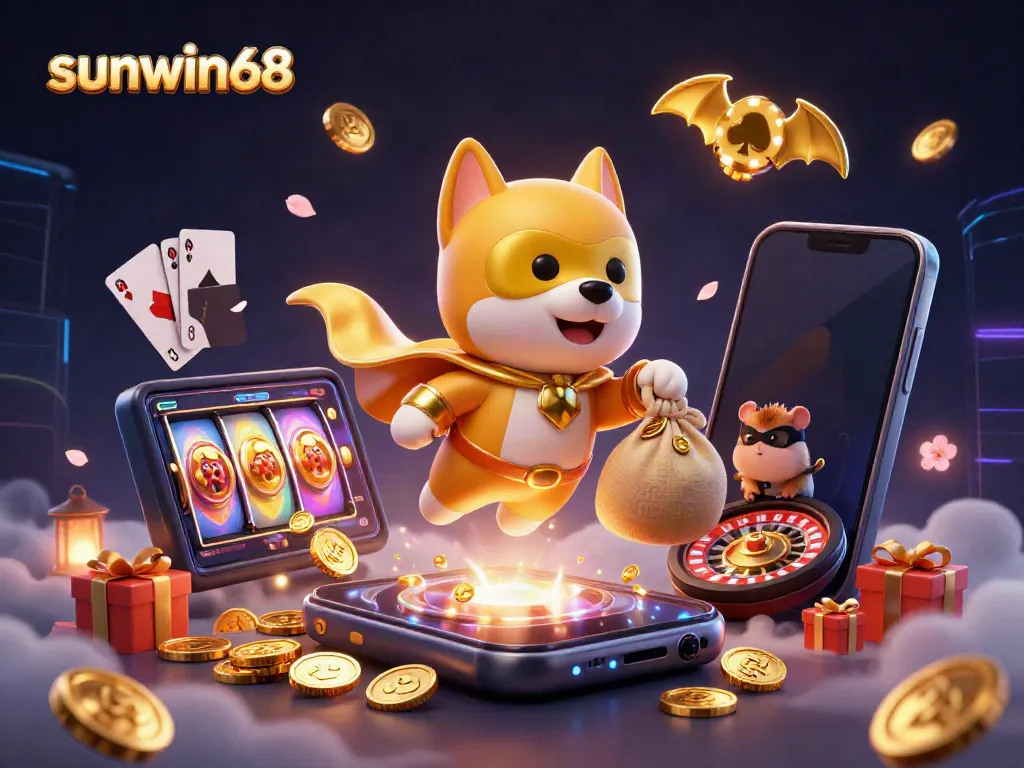 Win big with sunwin68 featuring a superhero dog flying, golden coins, and dynamic casino elements.