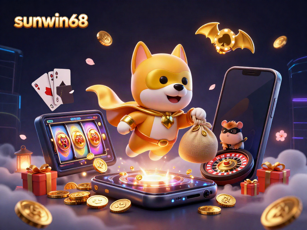 Win big with sunwin68 featuring a superhero dog flying, golden coins, and dynamic casino elements.