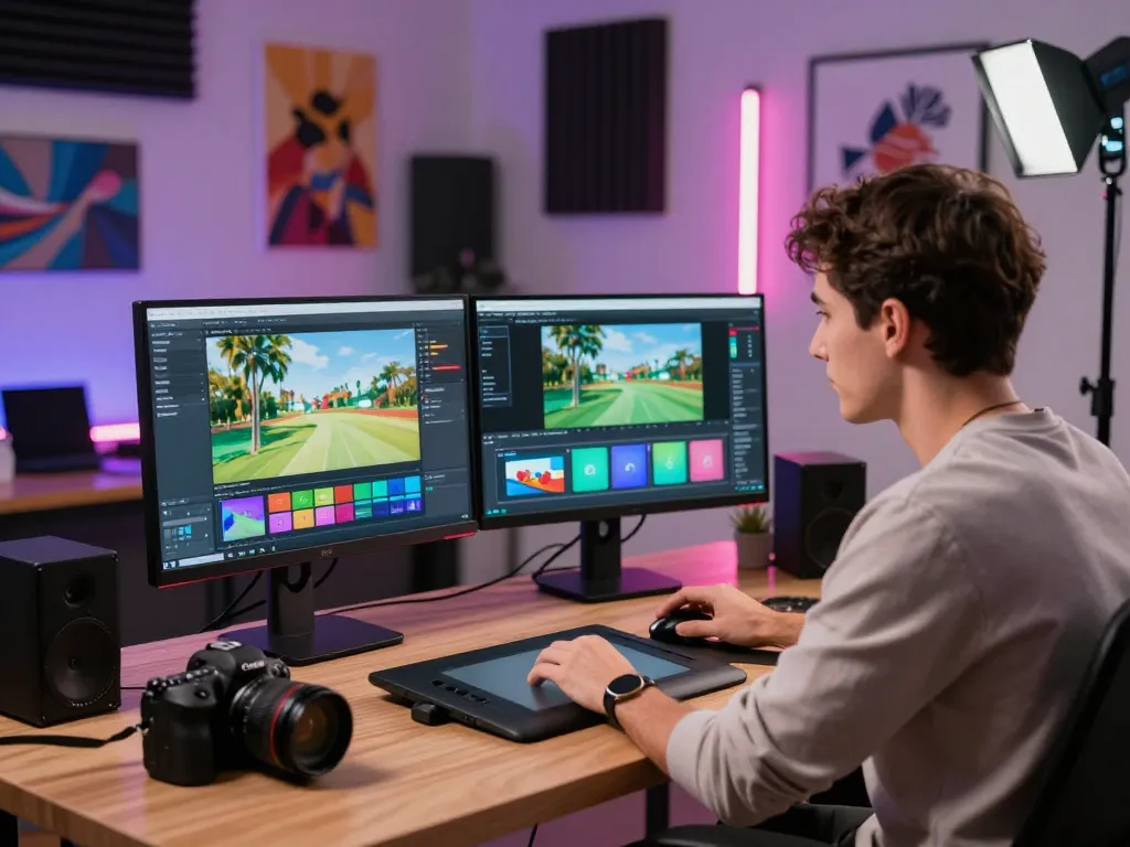 Creator using motion control software in a tech studio for AI-driven animation.